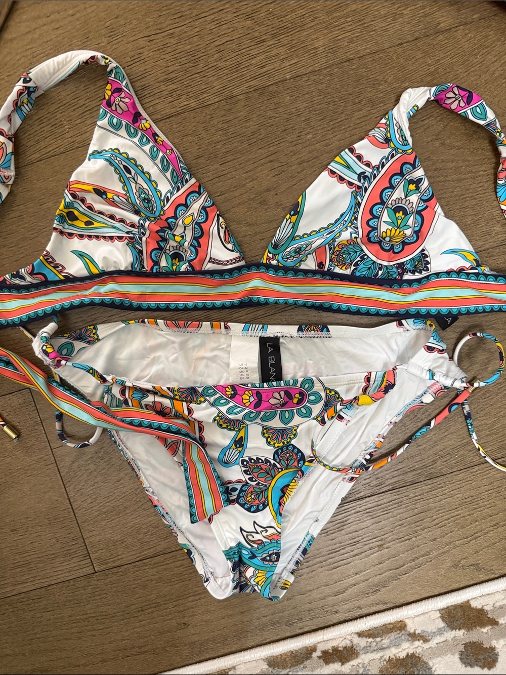 La Blanca White Paisley Triangle Bikini with Multicolor Stripes
